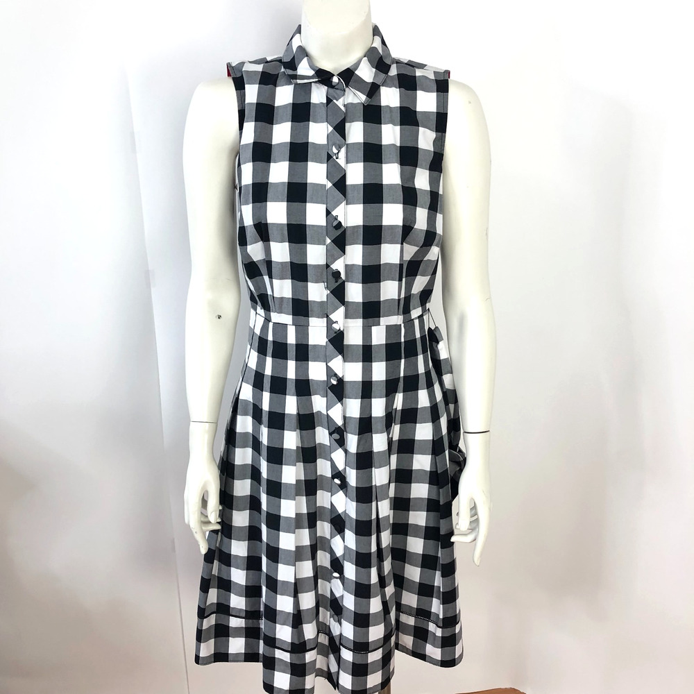 Talbots 2 A-Line Button Collared Check Knee Dress Black White MINT